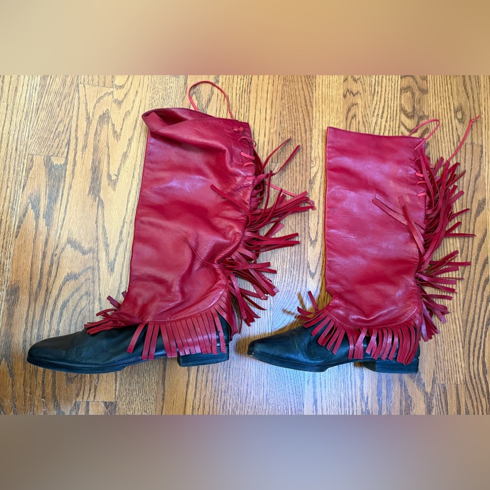 ANDREA PFISTER couture Red & Black Leather Fringed Boots  Size 10